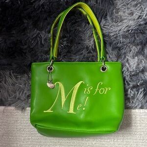 Y2K Green Mini Bag w/ Lime Green Embroidery “M is for Me!” Silver Heart Keychain